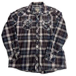 BKE Plaid Pearl Snap Western Shirt XL Roll Tab Sleeves Brown Cotton